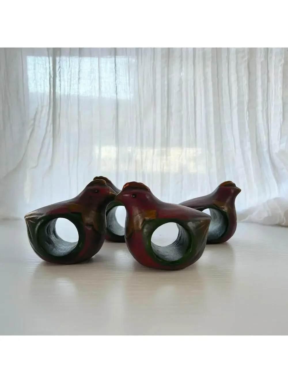 Pier 1 Imports Hand Painted Wood Bird Napkin Rings Set of 4 Red Cardinal Figural
